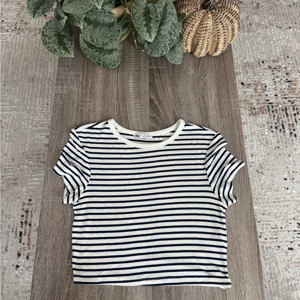 Zara Navy and Cream Striped Top